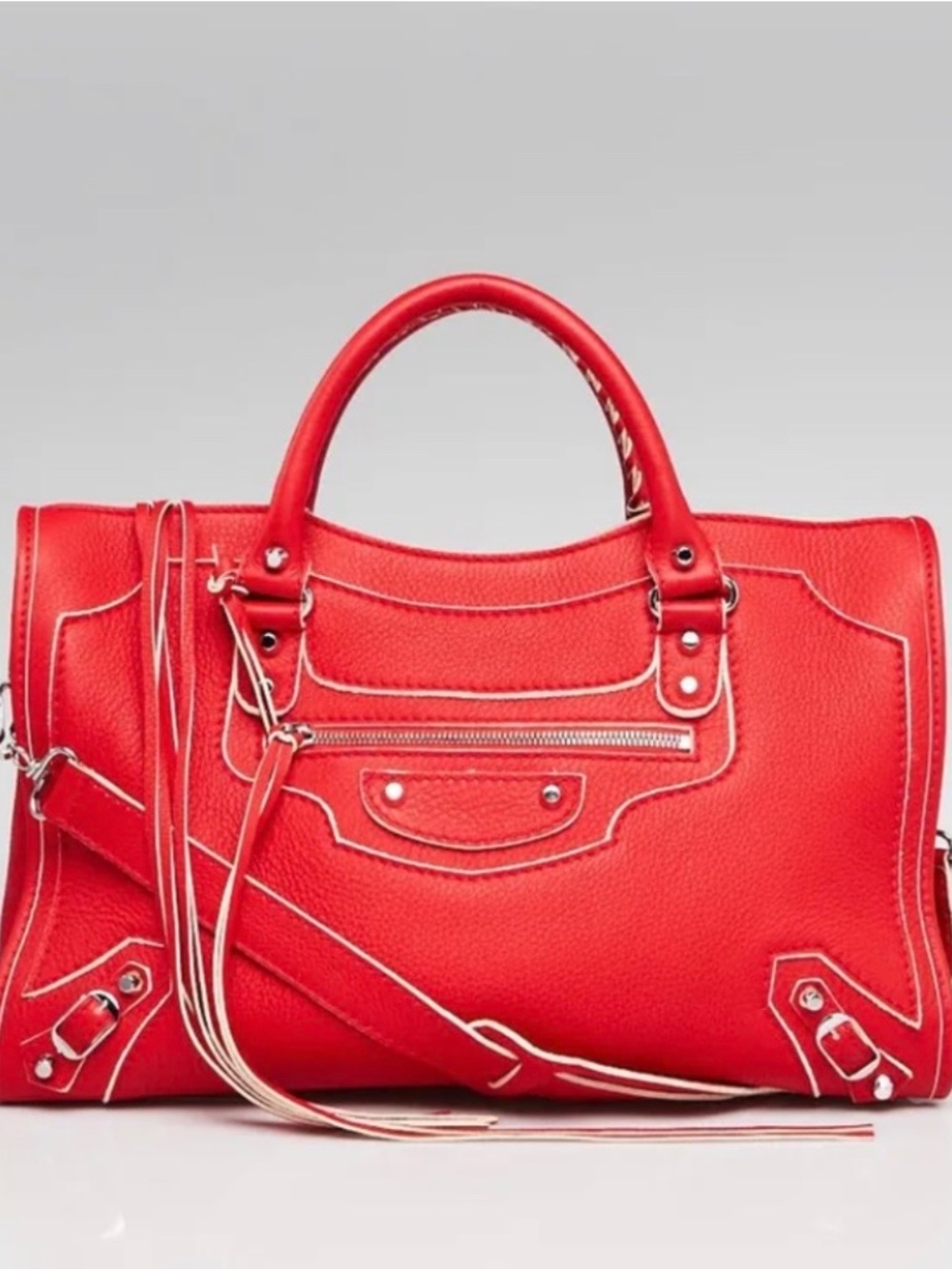 BALENCIAGA Highlight City Moto Calfskin Leather Rouge White Piping Bag